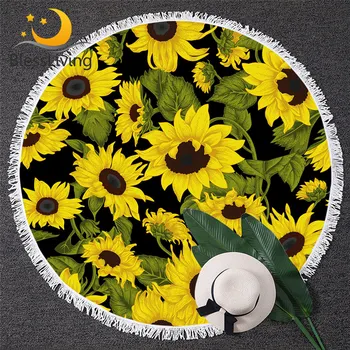 BlessLiving Sunflowers Round Beach Towel Flower Blossoms Microfiber Bath Towels Yellow Green Summer Blanket Beautiful Beach Mat 1