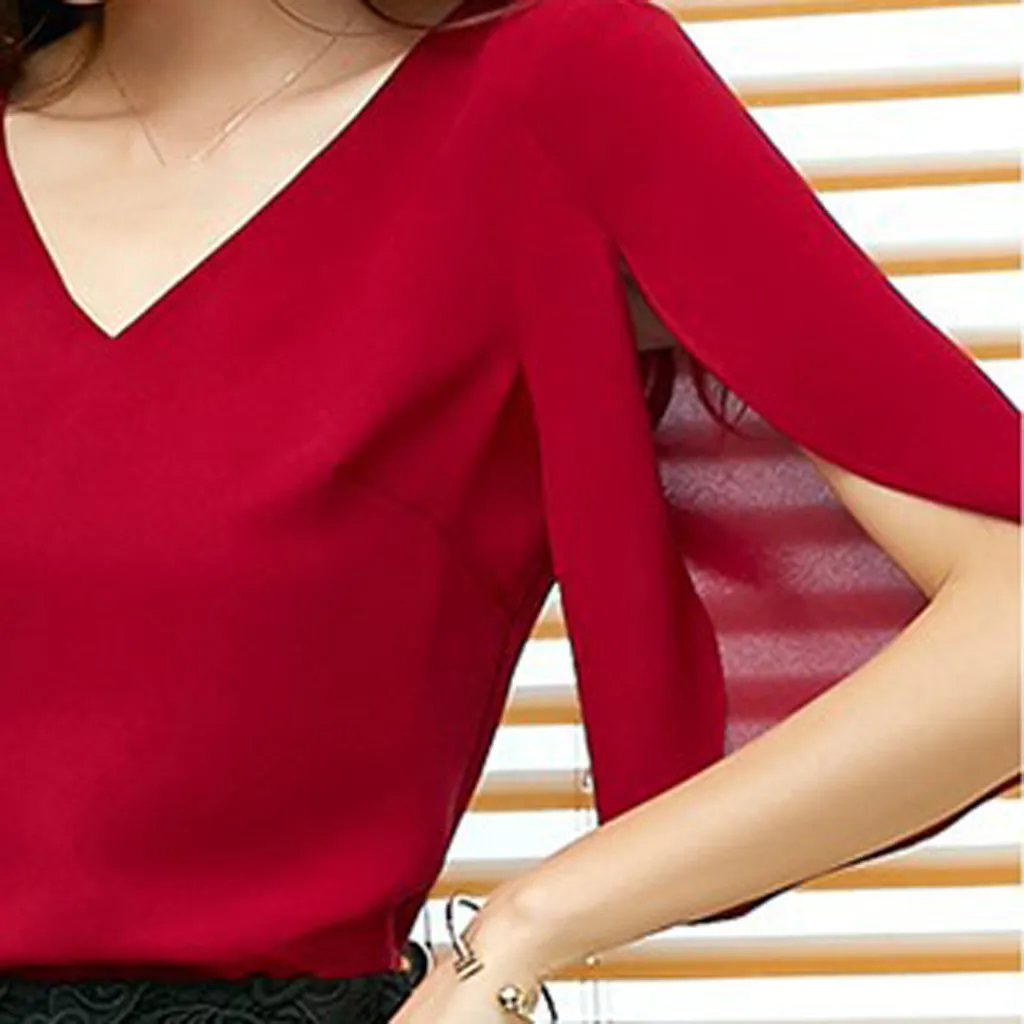 Шифоновая женская блузка с рукавом средней длины рубашка бабочкой однотонная v