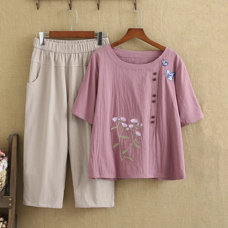 

Plus Size Summer Set Short Sleeves Cotton And Linen Shirt Elastic Waist Medium And Long Pants Embroidery Two-Piece Suit