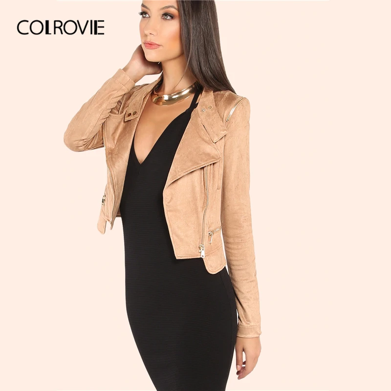 COLROVIE Camel Suede Moto куртка Женская мода осень уличная Женская молния укороченный байкерская куртка однотонная Повседневная Верхняя одежда