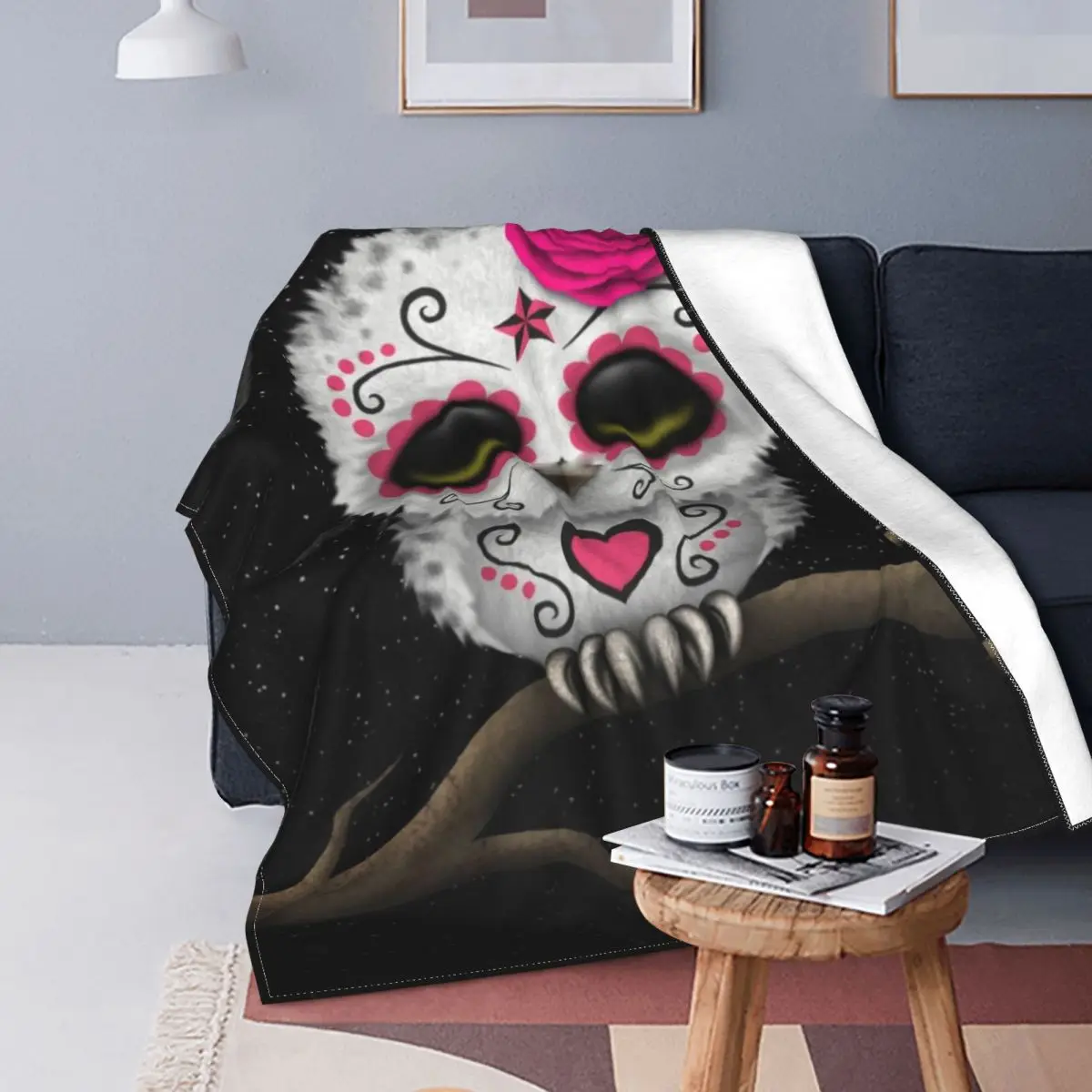 

Cute Pink Day Of The Dead Sugar Skull Owl Blanket Mexican Skull Animal Comfy Fleece Blanket Outdoor Soft Fashion Bedspread