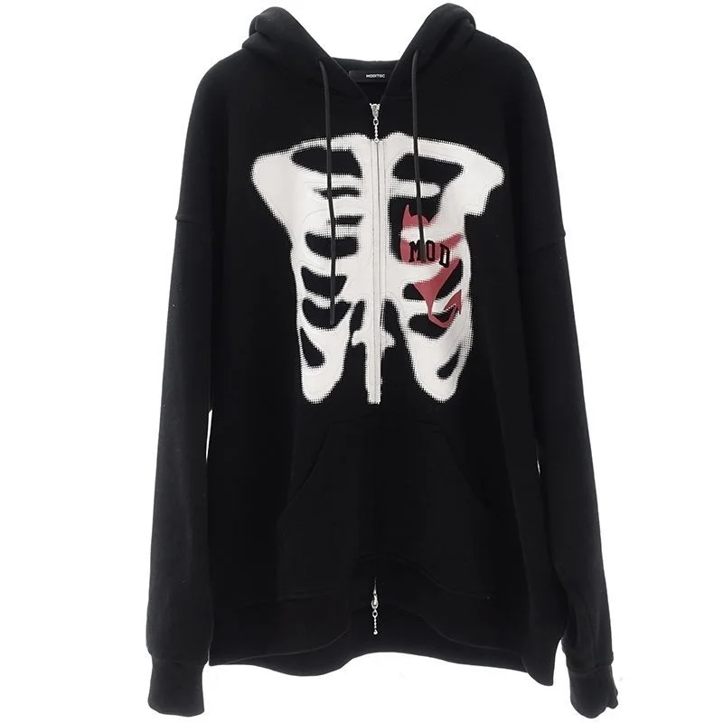 

Harajuku Women Hoodies Sweatshirt 2021 Winter Fashion Skull Print Loose Zipper Long Sleeve Coat Casual Y2k Streetwear