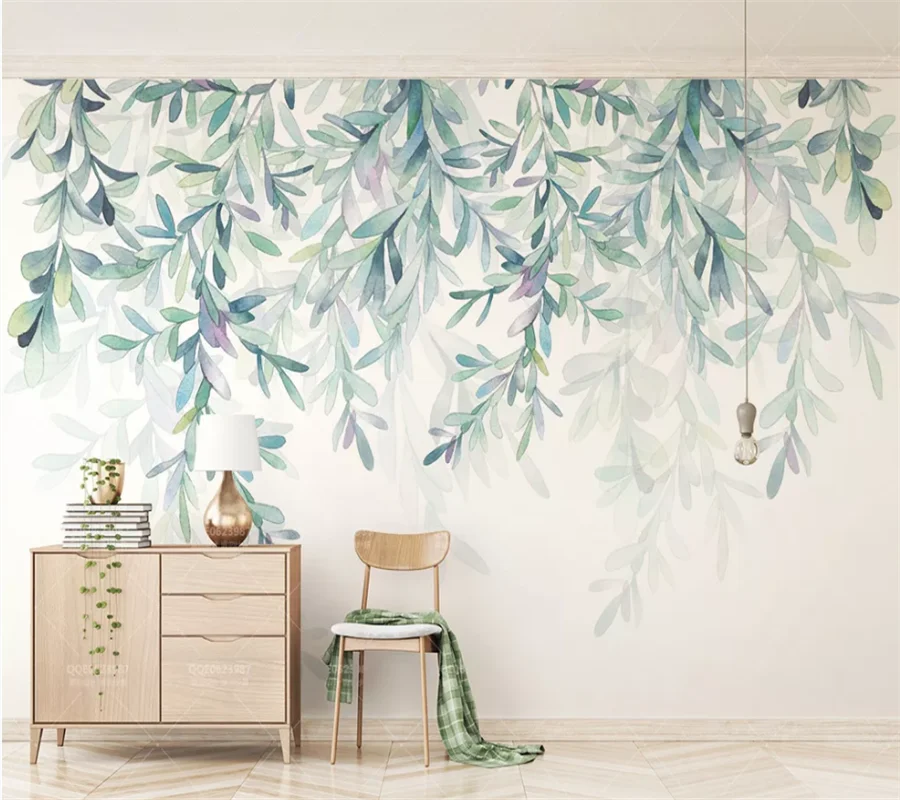 Custom wallpaper 3d mural small fresh hand painted watercolor green leaves Nordic minimalist TV background wall фотообои - купить по