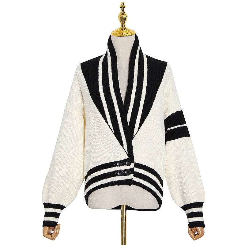 

Women's Patchwork Coat V-neck Lantern Long Sleeve Striped Contrast Color Knit Cardigan Women's 2020 Fall Fashion New