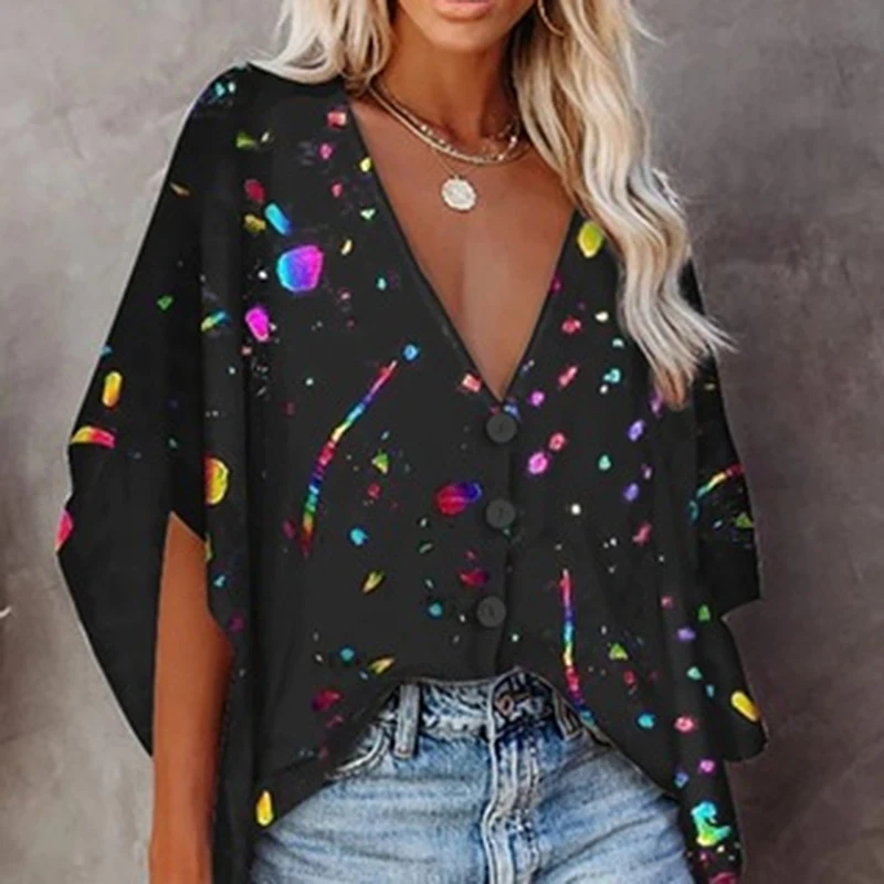 

Beach style Summer Women Blouse Sexy V neck Floral Print Loose Shirts Button Batwing Sleeve Fashion Female Blouse