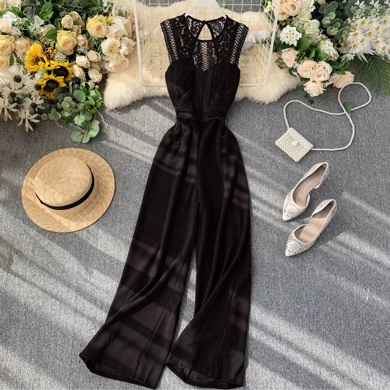 

FTLZZ New Beach Full Length Sexy Lace Hollow Out O-neck Tank Jumpsuit Summer Women Slim Wide-legged Playsuit Holiday Romper