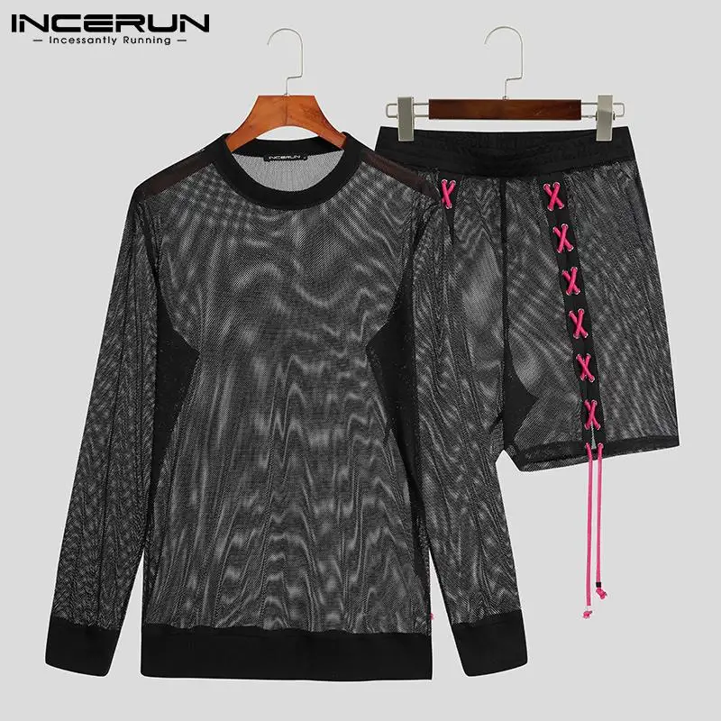 

Мужские комплекты, сетчатая Лоскутная Сексуальная Прозрачная Футболка с длинным рукавом, шорты на шнуровке, уличная одежда, мужские повсед...