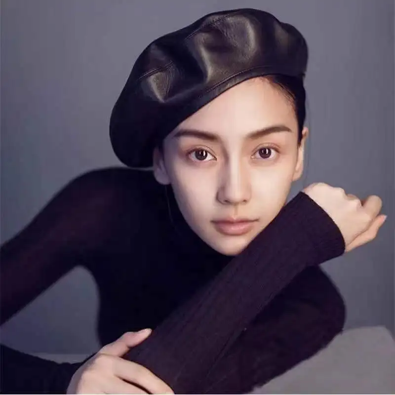 Новинка Модный берет для девочек повседневный черный кожаный из искусственной