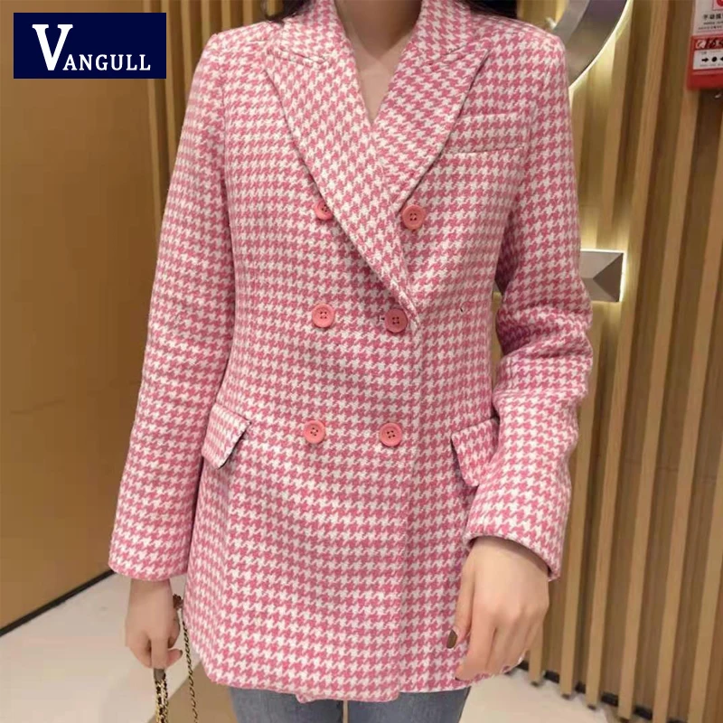 

Vangull 2021, классический дизайн, розовые клетчатые женские блейзеры, пальто, двубортное, с длинным рукавом, женские блейзеры, высокая уличная Же...