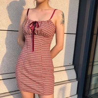 sexy backless plaid mini dress casual spaghetti strap england style short dress new elastic temperament commtue womens clothes