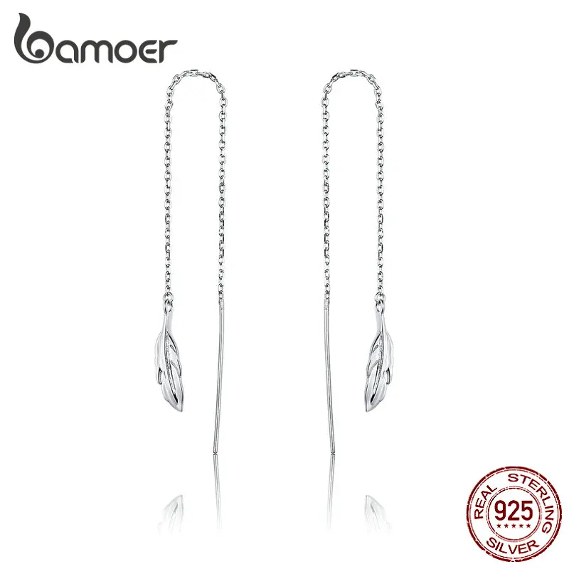 bamoer Sterling Silver 925 Long Chain Drop Earrings for Women Feather Dangle Earings Luxury Pendientes Accessries SCE786