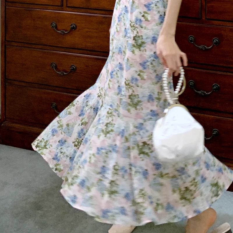 

Chiffon Floral Mermaid Dress Summer Clothes For Women Midi Korean Retro Formal Elegant Vetement Femme 2021 Ladies Dresses Y631