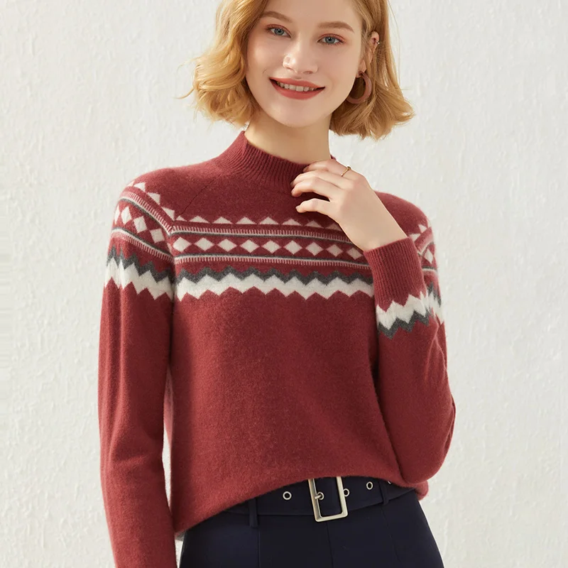 

2021 Women' New Cashmere Sweater Color Matching Half Turtleneck Warm Plus Size Knit Pullover Fall/Winter 100%Pure Wool Soft Top