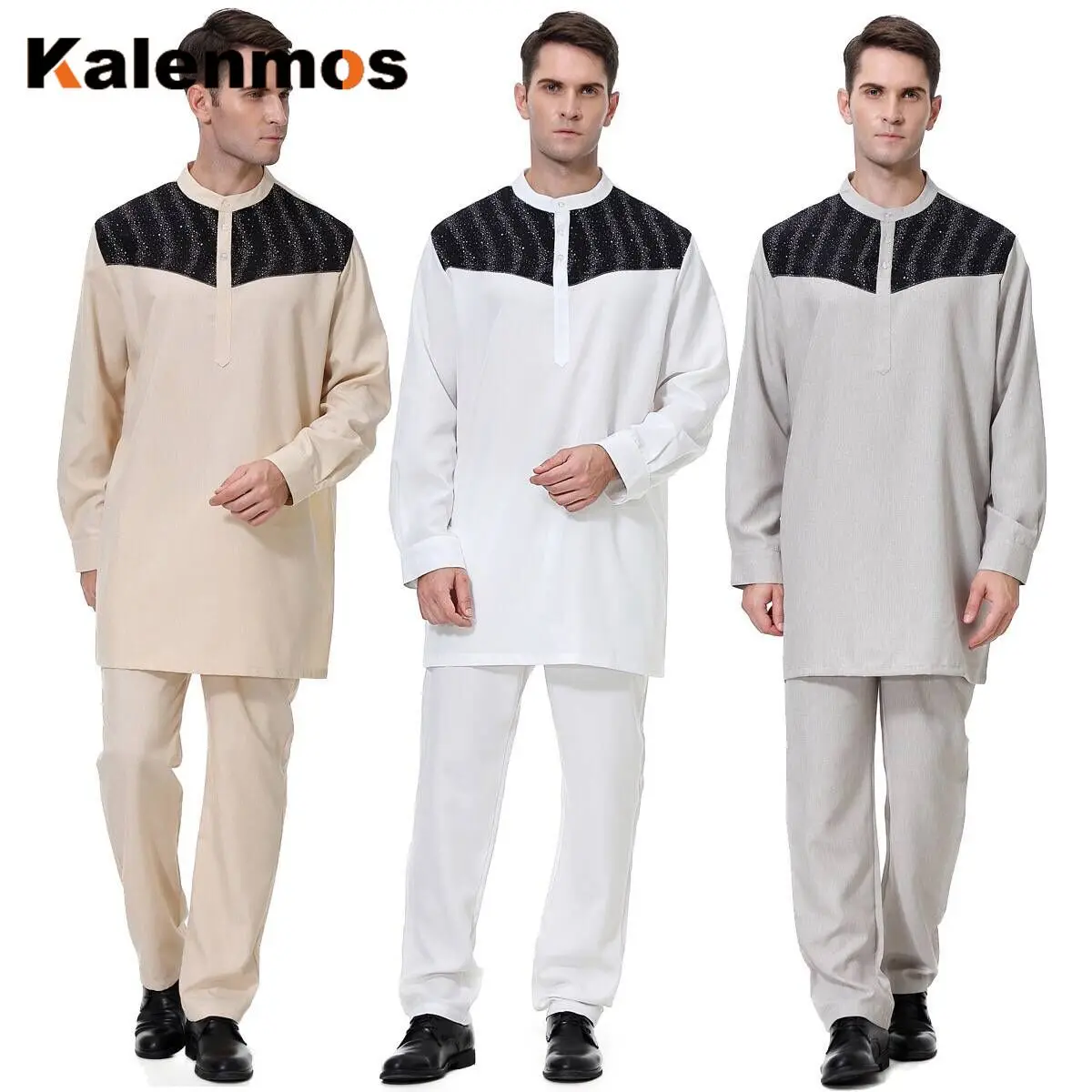 

Muslim Men Jubba Thobe 2Pecs Sets Saudi Arabia KALENMOS Djellaba Kaftan Dubai Abaya Tops pants Islamic Ramadan Worship Service