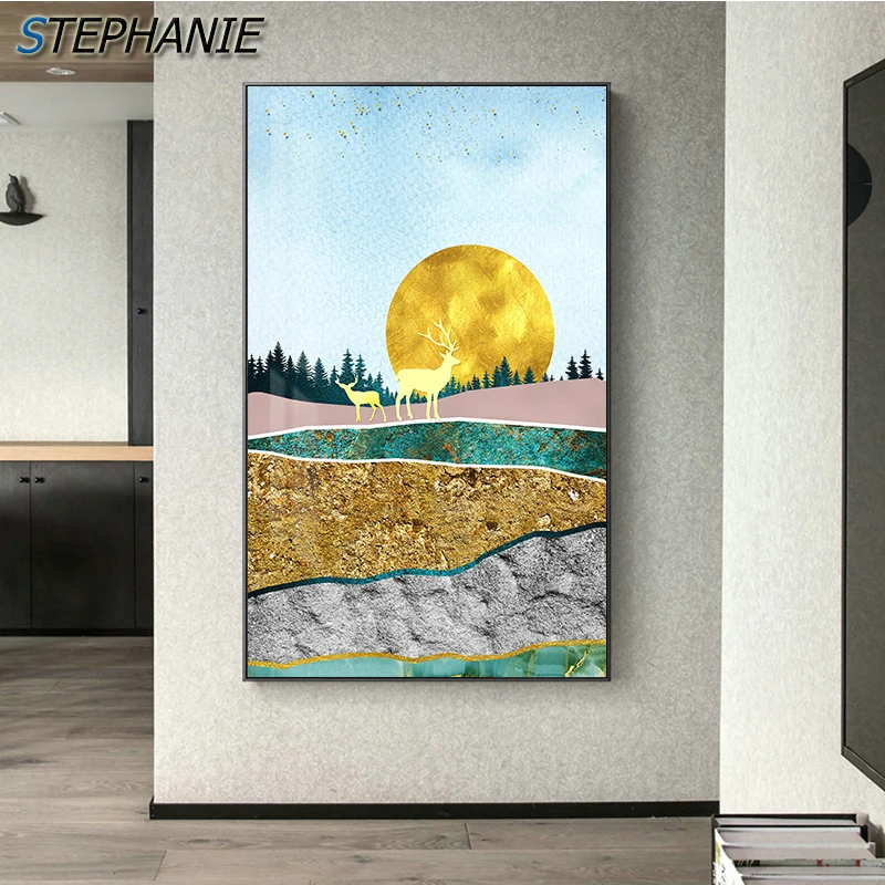 

Abstract Golden Deer Bird Wall Art Canvas Nordic Mountains Landscape Print Painting Decorative Picture Modern Living Room Decor