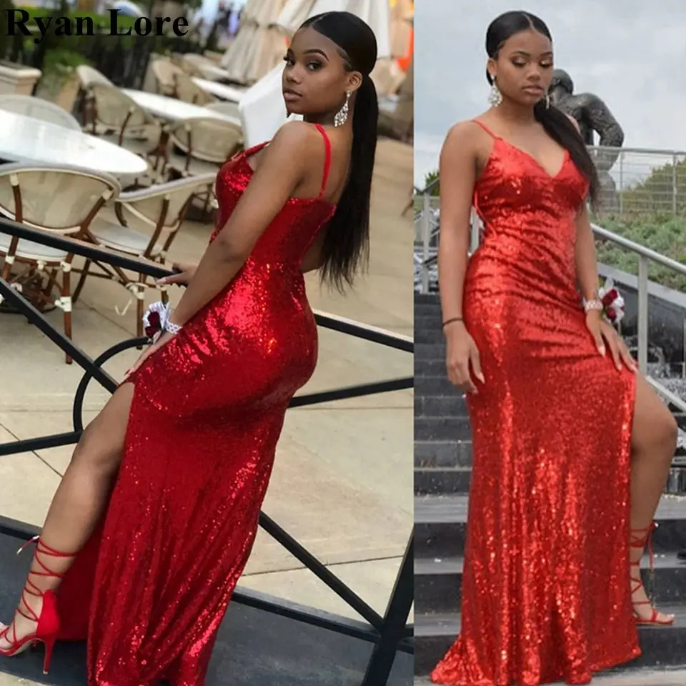 

Женское вечернее платье с блестками, красное ТРАПЕЦИЕВИДНОЕ ПЛАТЬЕ на тонких бретелях, с V-образным вырезом, без рукавов, с разрезом