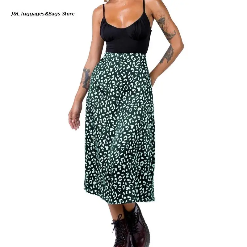

M68C Для женщин Высокая талия с леопардовым принтом; Пикантная обувь с Разделение шифоновое платье трапециевидной формы длинная юбка миди