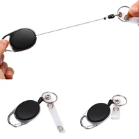 1pc black wire rope keychain camping telescopic keyring steel cord retractable key holder with id card holder outdoor key ring