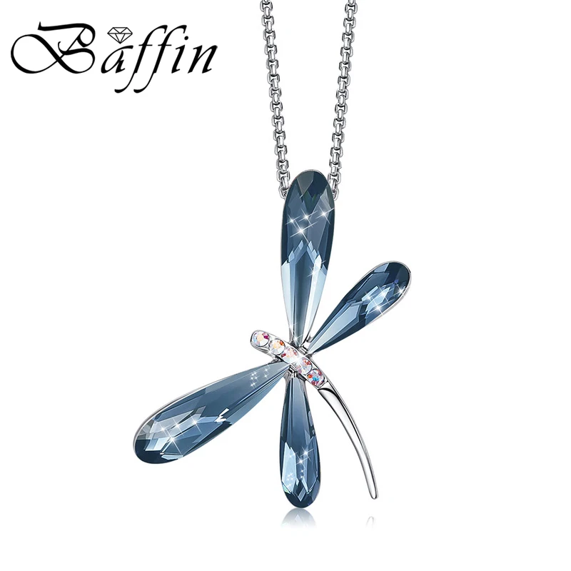 Cute Blue Pink Dragonfly Pendant Necklaces Crystals From Swarovski Silver Color Chain Collars Fashion Jewelry For Girls Women