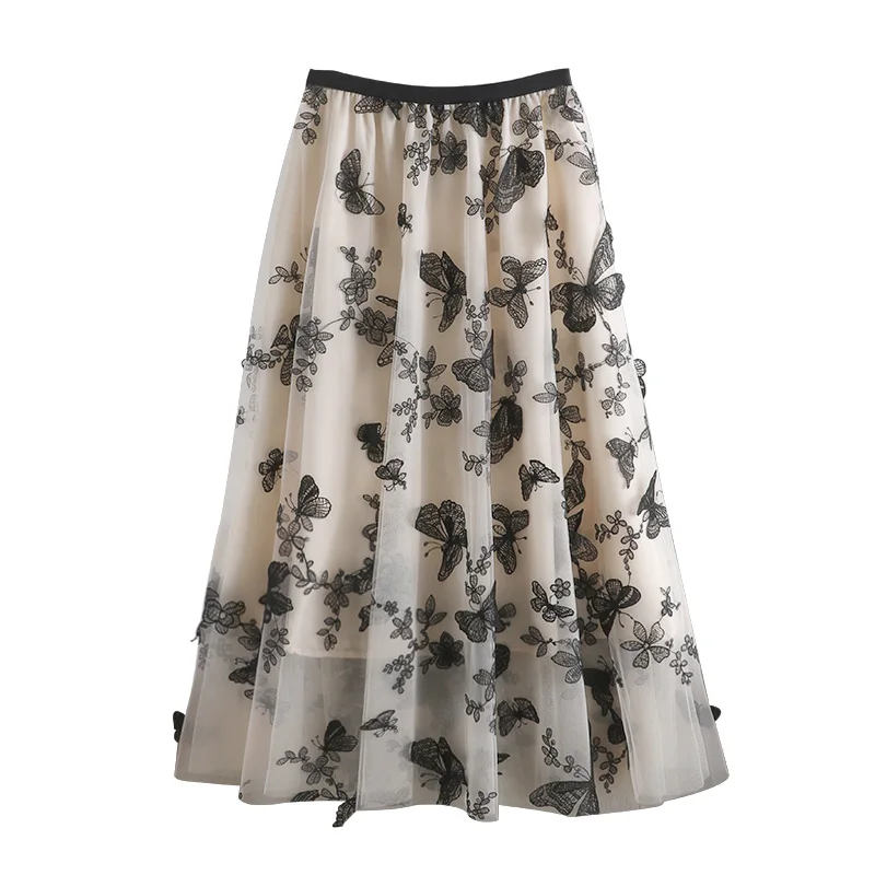 

Smlinan 2021 Spring Summer Embroidery Butterfly Tulle Skirts Women Clothes Fashion Elastic High Waist Office Lonmg Skirts Ladies