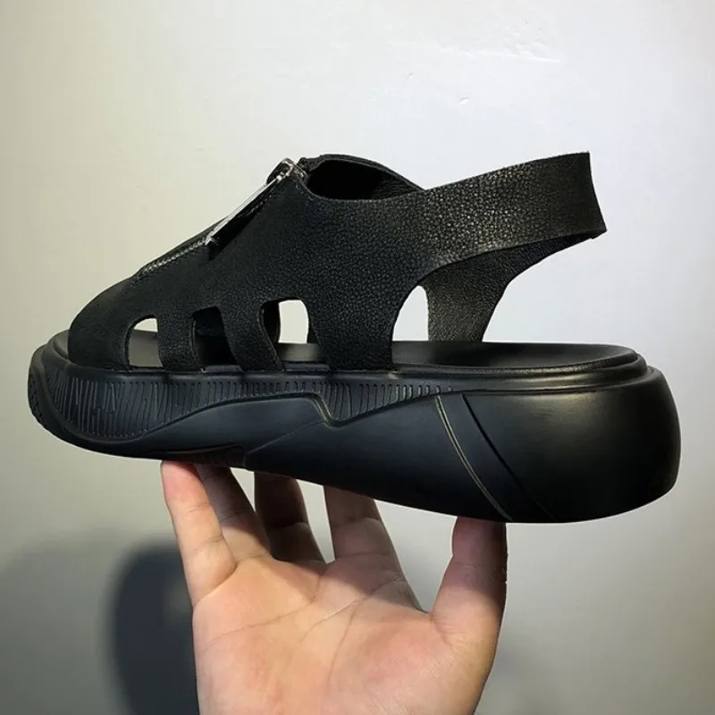 Сандалии мужские из натуральной кожи на молнии пляжные босоножки толстой