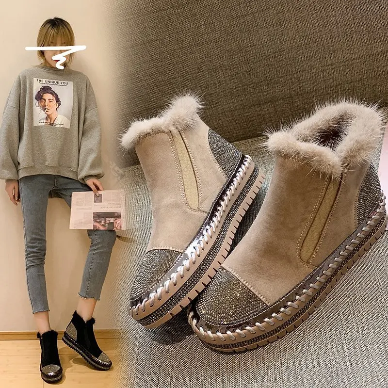 

Furry Shoes 2021 Winter New Style Outer Wear Thick-Soled Rhinestone Warm Snow Shoes High-Top One-Step Lazy Fashion Boots Women
