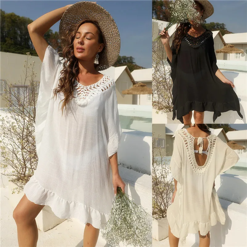 Женская купальная одежда накидки с воланом Пляжная накидка однотонная белая
