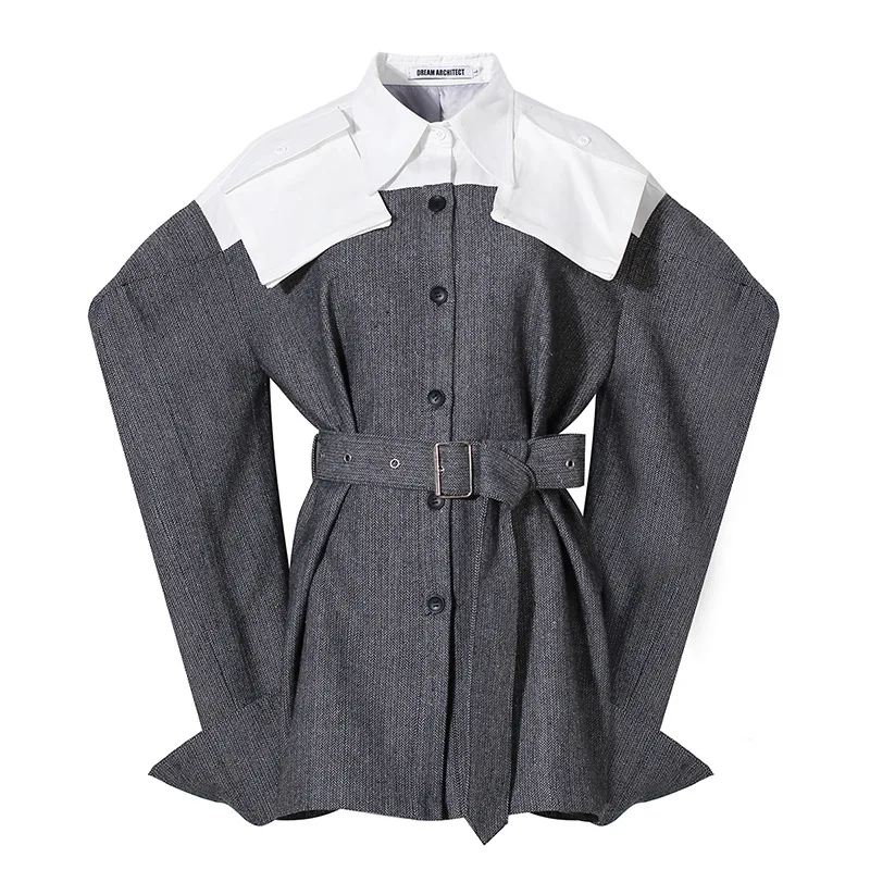 

SuperAen New Design Patchwork Turn Down Collar Belt Fashion High Street Wide-shouldere Women Jacket