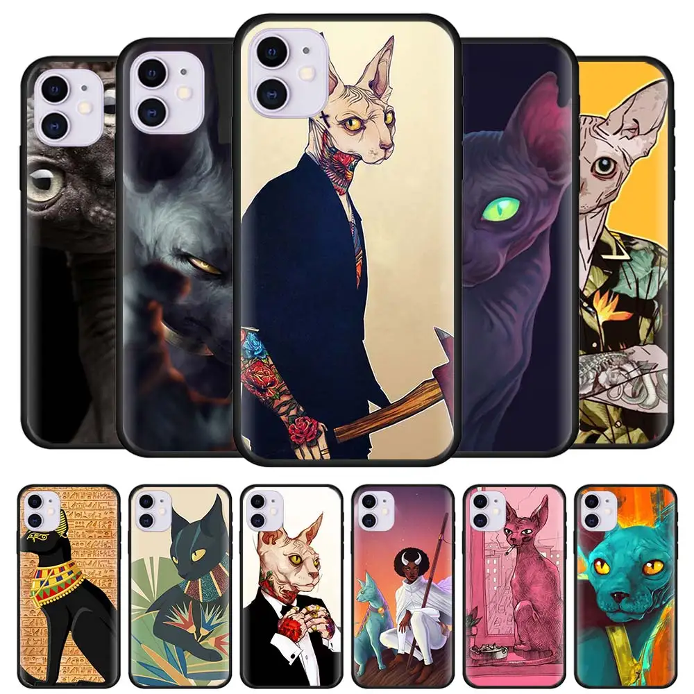 

Tattoo Sphinx Cat Cases for Apple iPhone 13 12 Mini 11 Pro X XR XS Max 7 8 SE 2020 Black Silicone Soft Cover Casos