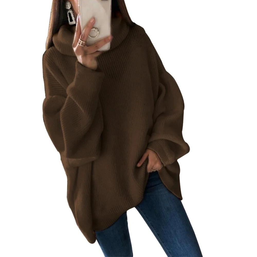 brown WENYUJH Fashion Plus Size 2XL Knitted Sweaters And Pullovers Women Loose Turtleneck Long Sweter Femme Knitwear Jumpers Tops - Цвет: brown