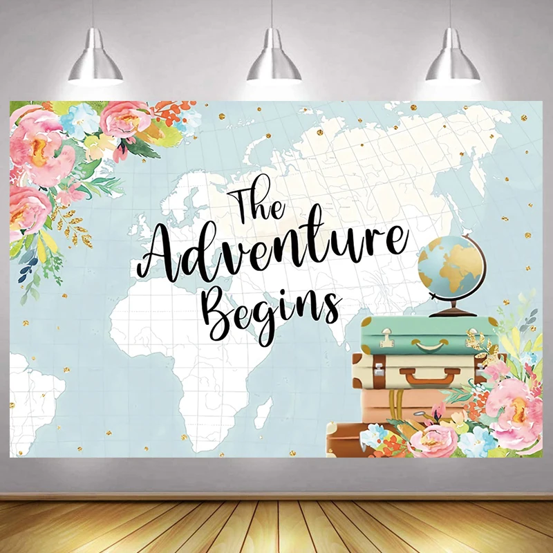 

Adventure Begins Photo Backdrop World Map Flower Happy Birthday Party Decoration Photography Backgrounds Banner Prop