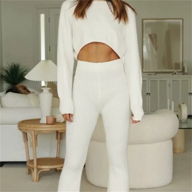 

TRAF Women 2021 Fashion Solid Color Straight Knit Pants Retro High Elastic Waist Slim Long Trousers Streetwear