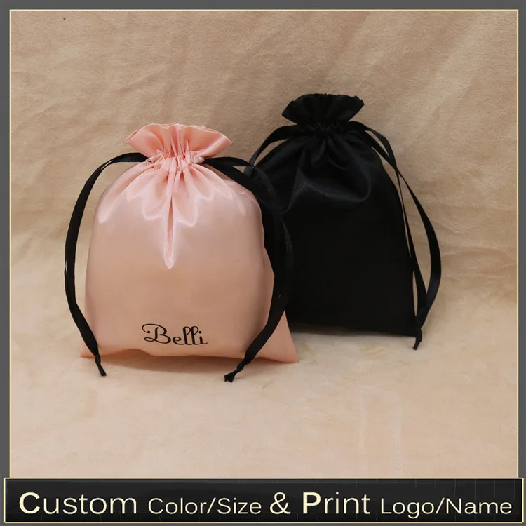 

Satin Jewelry Packaging Bags High-grade Rose Gold Ribbon Drawstring Bag Hair/Wigs/Shoe Silk Cloth Pouches Custom Logo Print 100p
