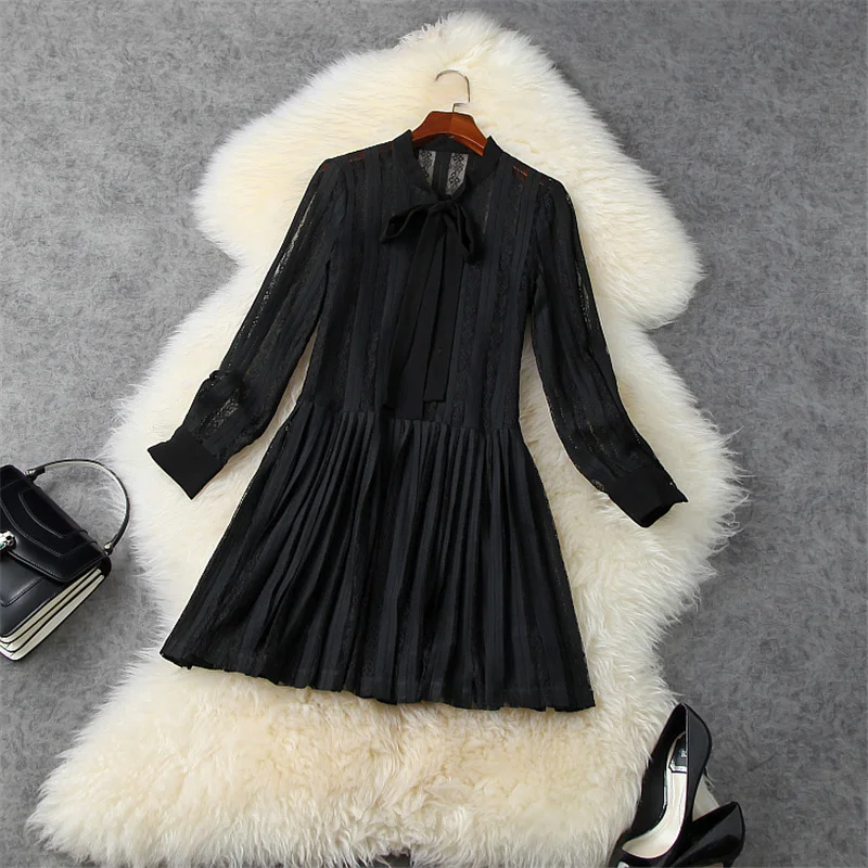 

2021 SPRING TIE-NECK LONG SLEEVE LACE PATCHWORK DRESS 2 COLOR