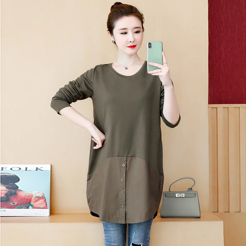 

T Shirts Plus Size Long Sleeve Long Shirt Tops Women Spring summer New Casual Loose White black Fake Two Piece Clothes Female