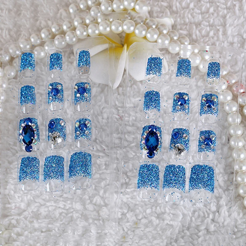 

24Pcs Blue Wdding False Nails Acrylic UV Gel French Fake Nails Art Tips Tools
