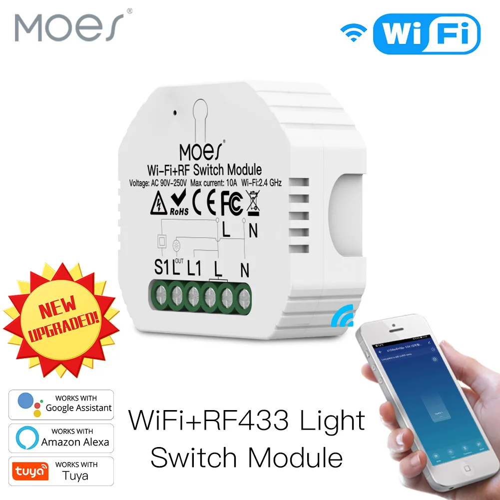 

Mini DIY WiFi RF433 Smart Relay Switch Module Smart Life/Tuya App Control, Work with Alexa Google Home 1 Gang 1/2 Way