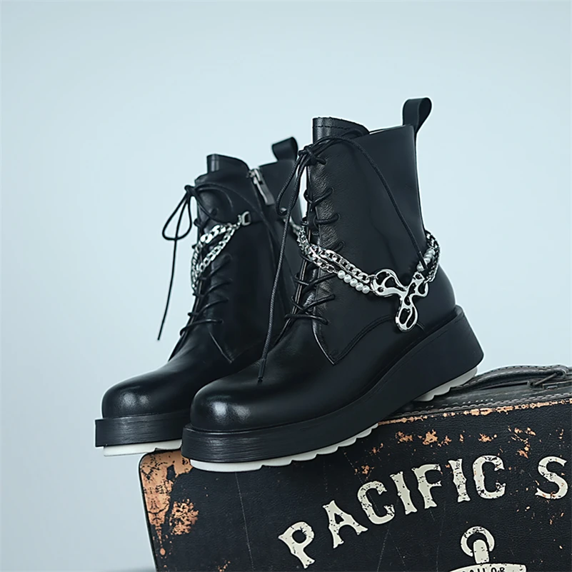 

Meotina Women Genuine Leather Ankle Boots Flat Platform Round Toe Boots Zipper Lace Up Chain Ladies Boots Autumn Winter White