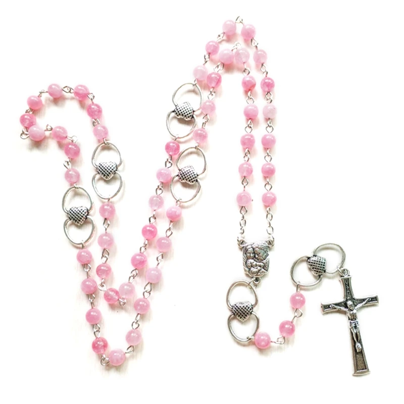 

H051 Rosary Bead Long Necklace Alloy Chain with Cross Catholic Jewelry Prayer Pendant Party Gift for Women