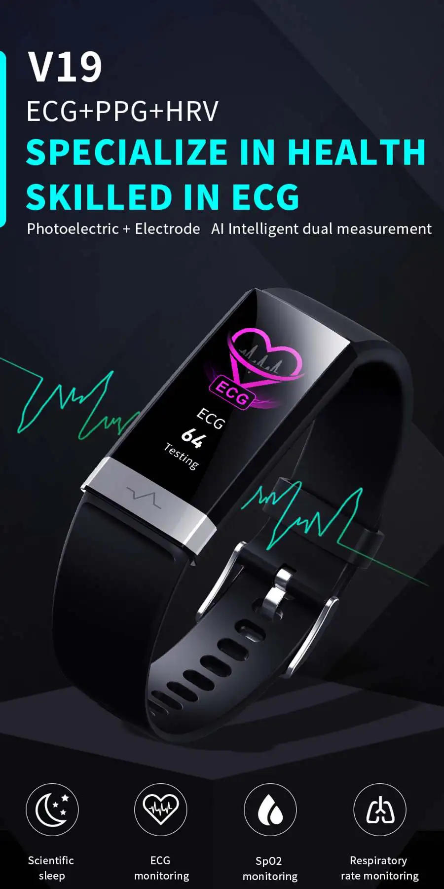 V19 ECG+ PPG O2 HRV анализ отслеживания движения IP68 водонепроницаемый смарт-Браслет Анти-потеря сигнализации фитнес-браслеты Smartwatch для мужчин и женщин