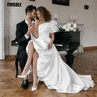 fashion one shoulder satin puff sleeve high low wedding dress 2021 simple design pleat front short long back sexy bridal dress
