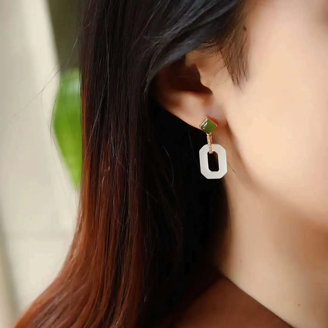 

New silver inlaid natural Hetian Chalcedony geometric frame hollow earrings Chinese retro palace style women's brand jewelry