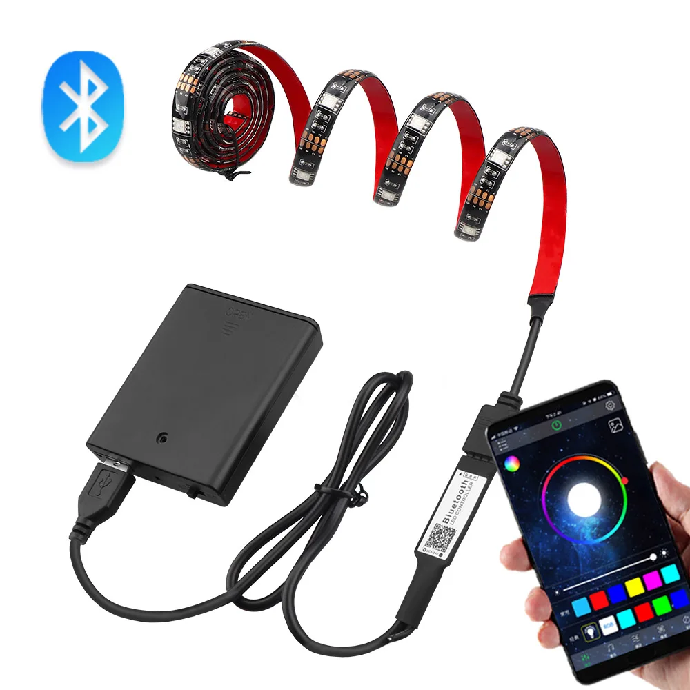 Светодиодная лента на батарейках 5 В, Светодиодная лента RGB с подсветкой, 1 м, 2 м, Светодиодная лента Bluetooth, светильник с 17 кнопками, Радиочастотный пульт, водонепроницаемая лента RGB - Испускаемый цвет: Bluetooth Set
