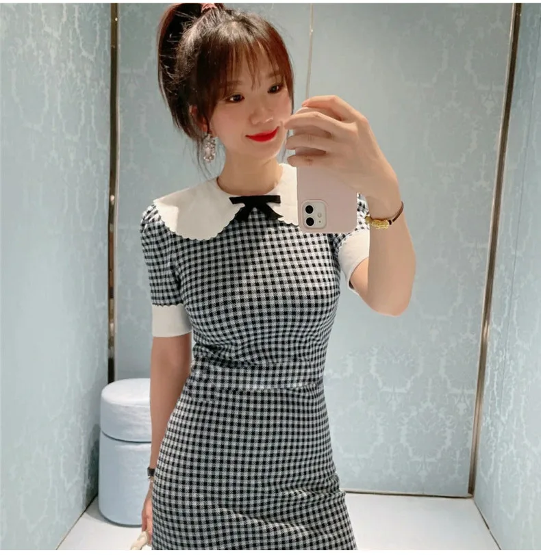 

Женское платье с принтом в клетку, классическое облегающее универсальное платье с бантом на шее, лето 2021