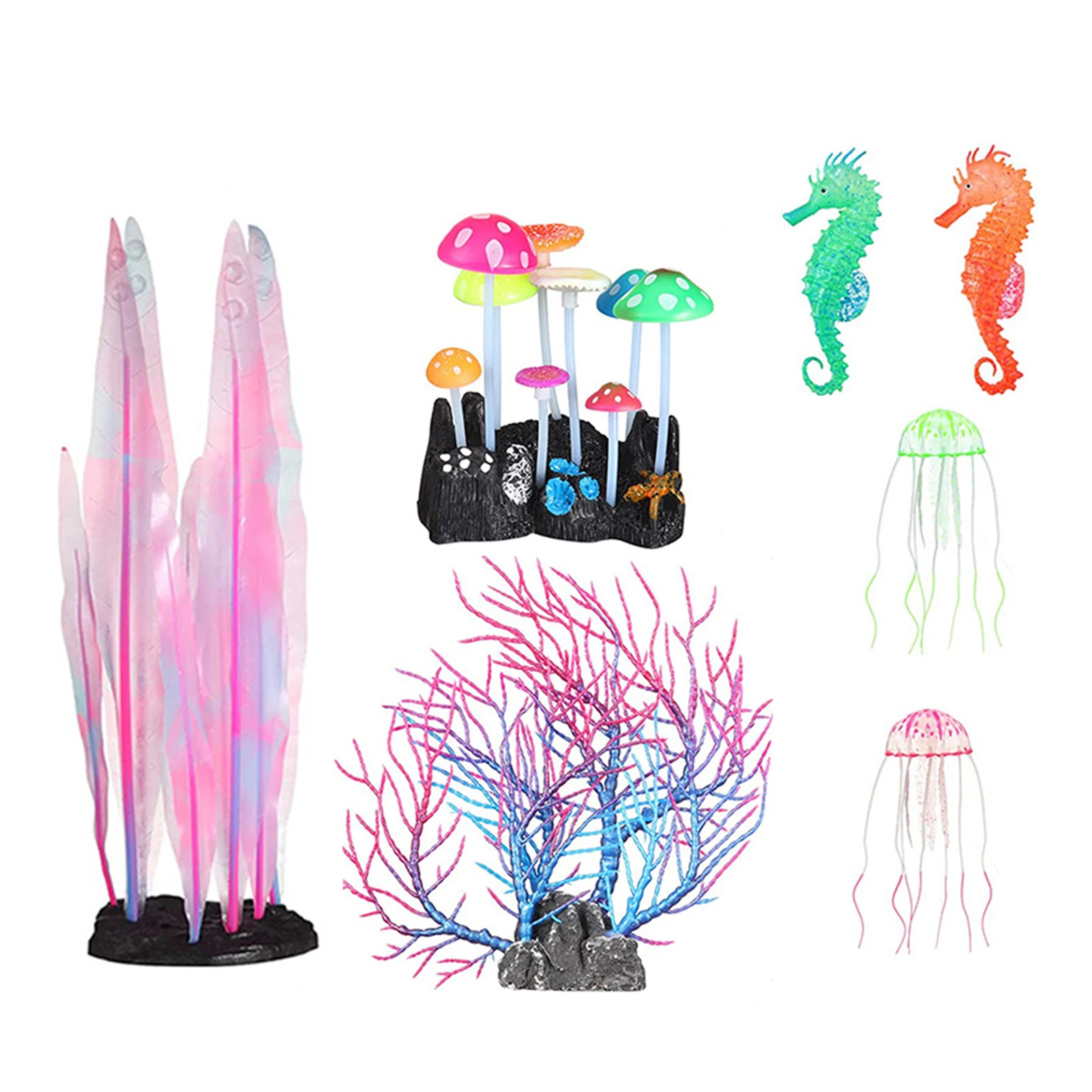 

7 шт./компл., мягкие силиконовые легкие светящиеся искусственные растения, коралловые грибы с присоской, яркие аксессуары для домашних живот...