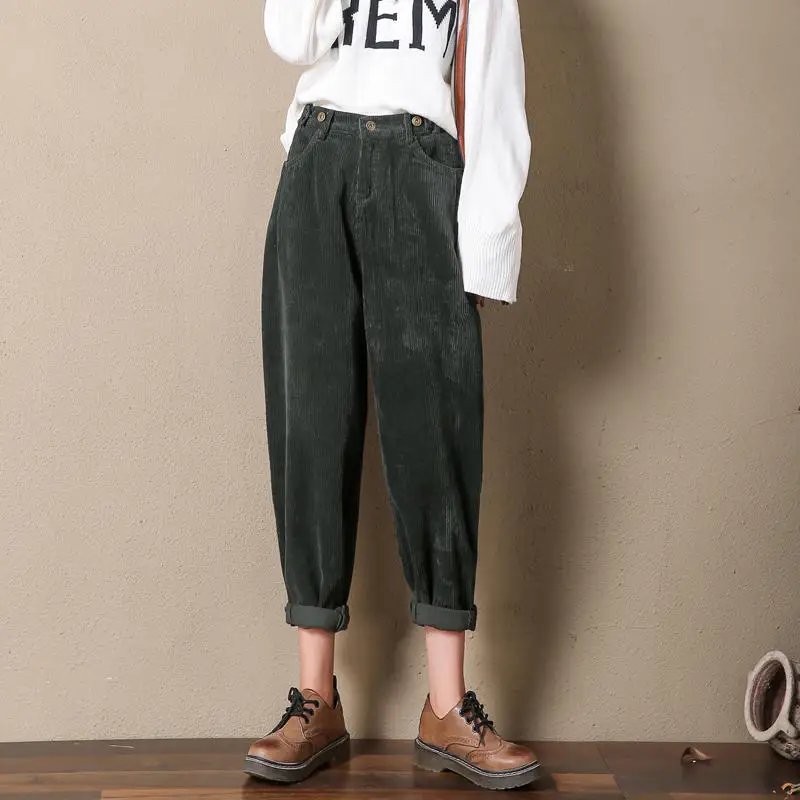 Green no velvet Винтажные вельветовые брюки женские брюки свободные шаровары с высокой талией осенние зимние повседневные уличные штаны для мамы Pantalon Femme Q1924 - Цвет: Green no velvet