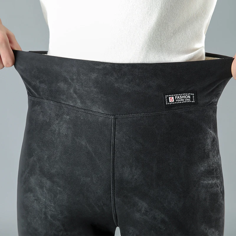 Женские толстые теплые штаны из искусственной кожи с высокой талией облегающие