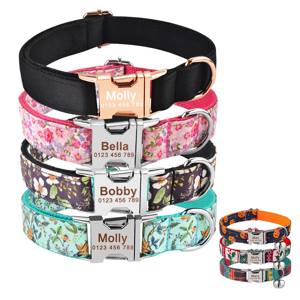 

Adjustable Nylon Engraved Cat Collar Cat Supplies Personalized Dog Collar KItten Small Medium Large Print Pet Collar Cat Tag