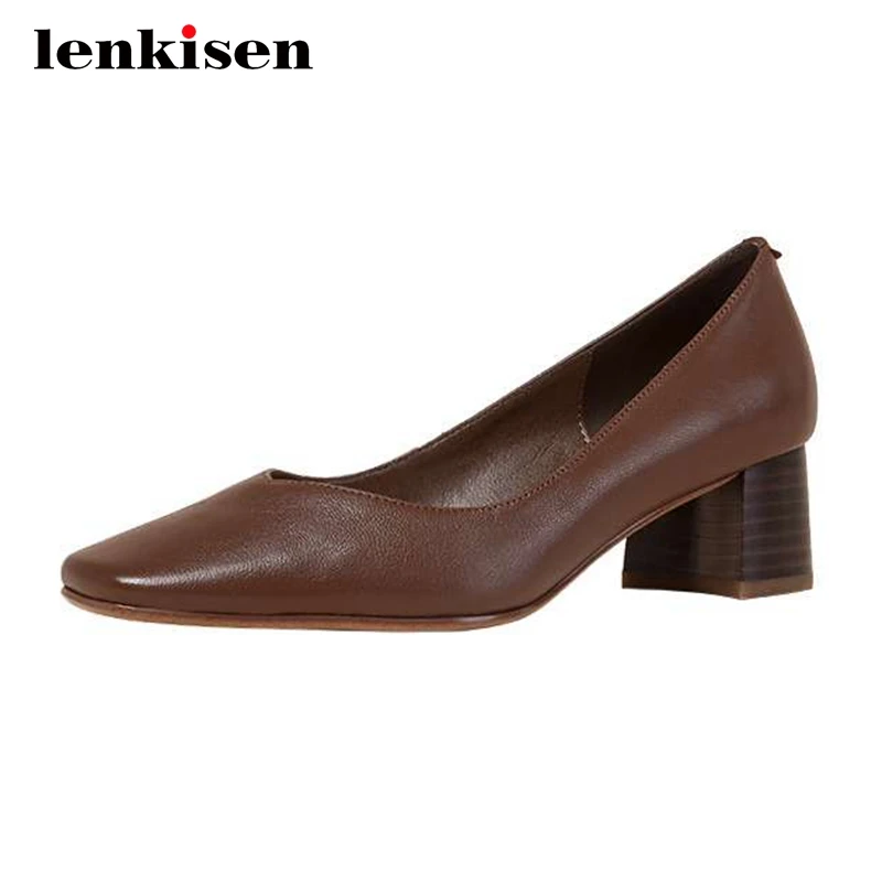 

Lenkisen/Лидер продаж; Модные женские туфли-лодочки из натуральной кожи в европейском стиле с квадратным носком на толстом среднем каблуке без ...