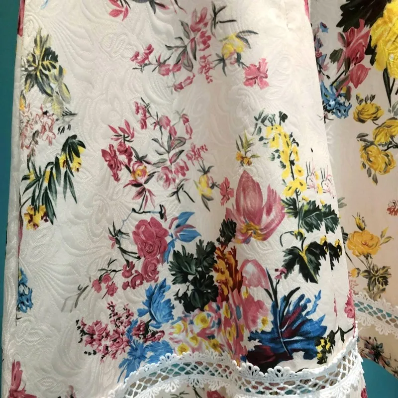 

Luxury Elegant Ruffles Flower Printing A-Line Dress Women 2021 Design Hollow Out Ladies Celebrate Party Dresses O-Neck Female
